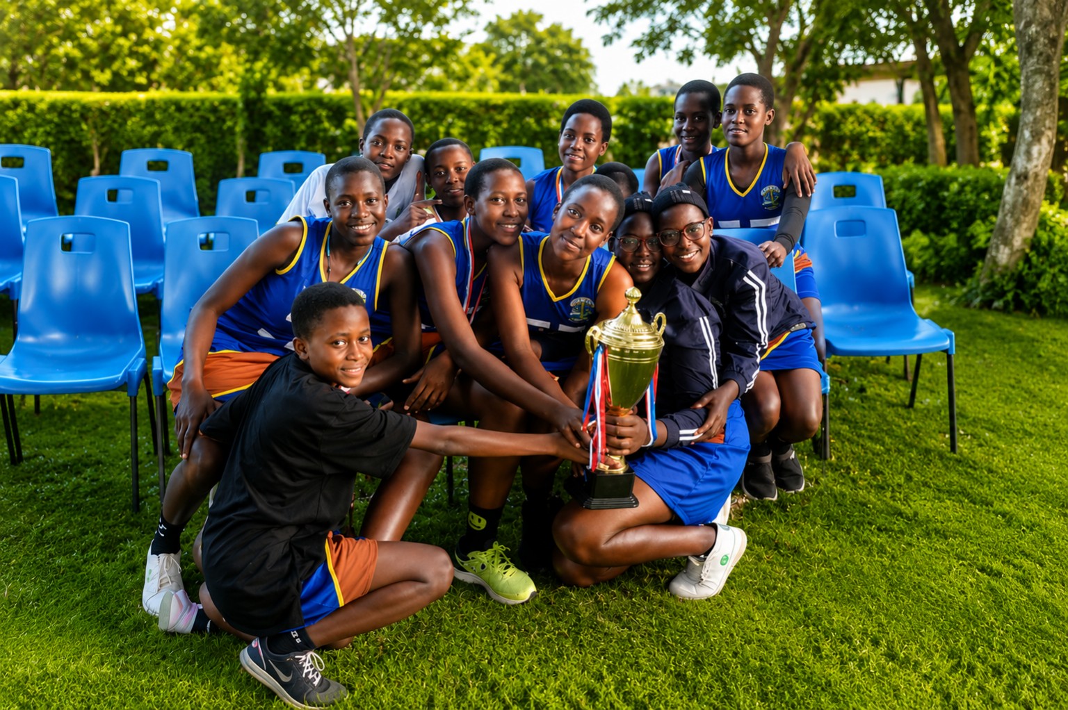 St. Catherine students with a basketball trophy